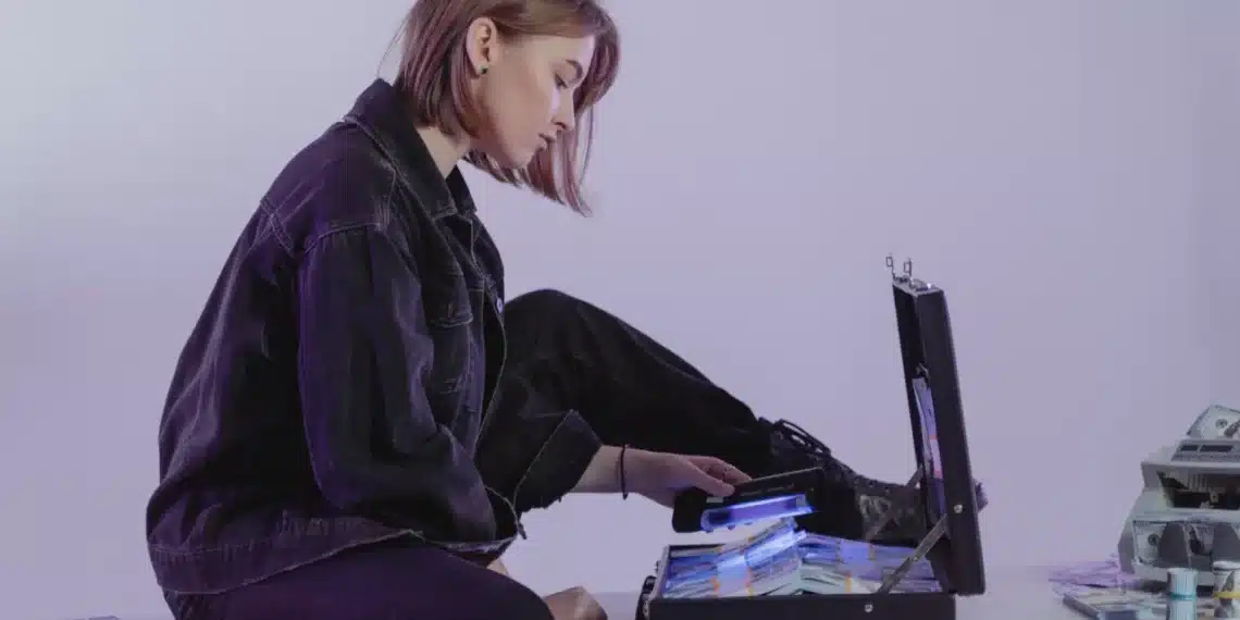 værdibaseret ledelse en erstatning for autokrati - kvinde på bord med kuffert fuld af værdier