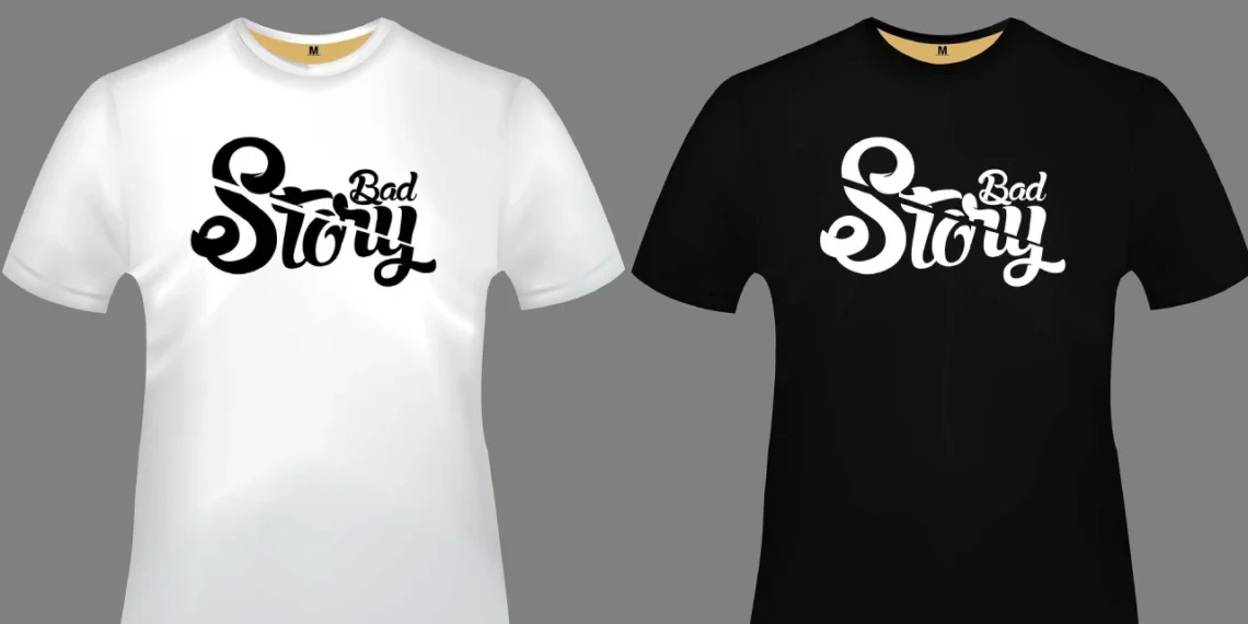 Dårlig leder her vist som bad story på en sort og en hvid t-shirt