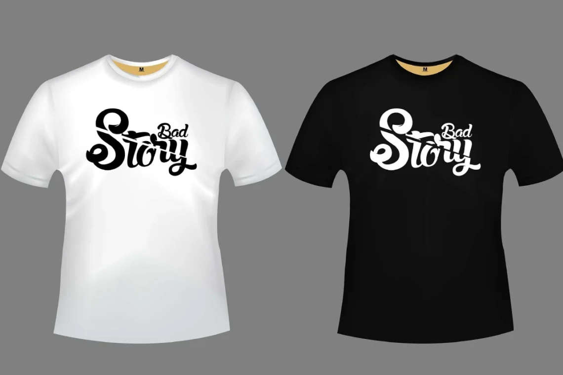 Dårlig leder her vist som bad story på en sort og en hvid t-shirt
