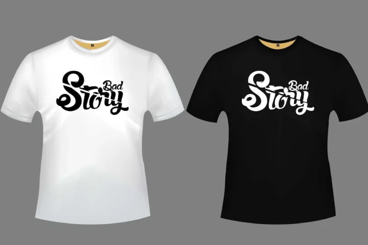 Dårlig leder her vist som bad story på en sort og en hvid t-shirt