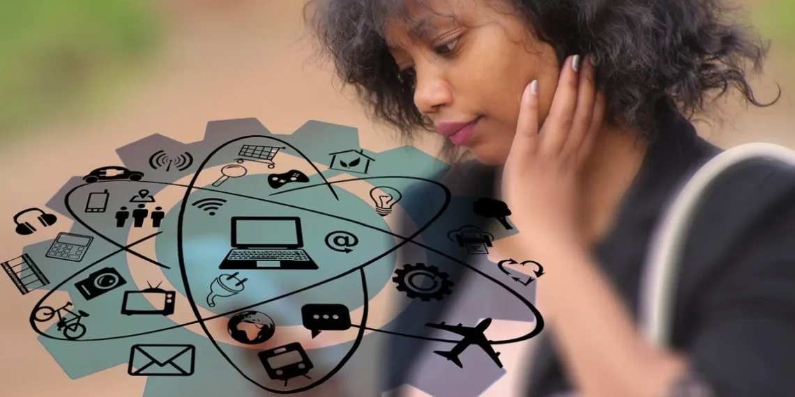 Fra medarbejder til leder kvinder kigger på teknologi der svæver