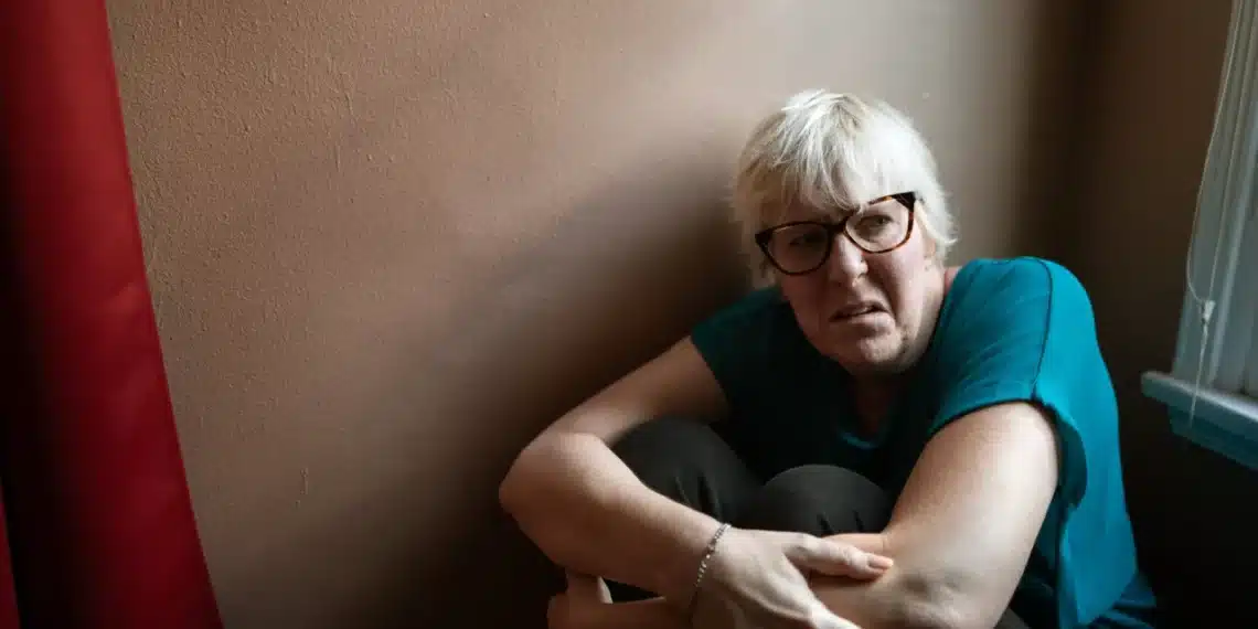 Hvad er gaslighting kvinde sidder ensom i lille rum og ser bange ud