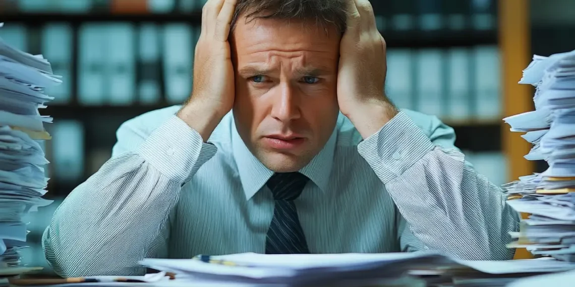 Stress på arbejdspladsen mand sidder på skrivebord med to store bunker af papir ved siden af sig