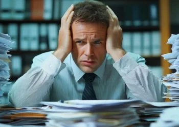 Stress på arbejdspladsen mand sidder på skrivebord med to store bunker af papir ved siden af sig