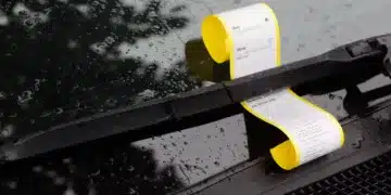 Parkeringskontrol i Frederikshavn Kommune - gul afgift sidder under visker på bil