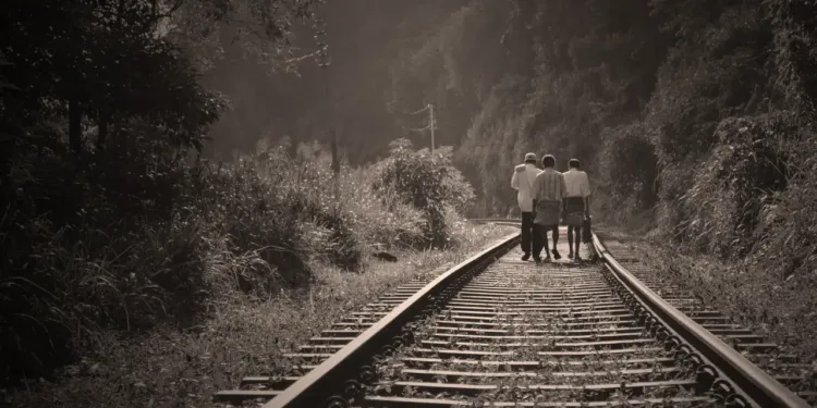 dårlige ledere - 3 arbejdere går ud af jernbanespor på vej væk