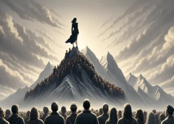 er din leder guru - kvinde står på bjerg. Nedenfor bjerg står alle hendes tro proselytter