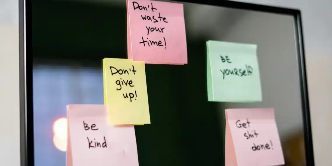 motivationsteorierne - billede af skærm med post-it motivationstekst