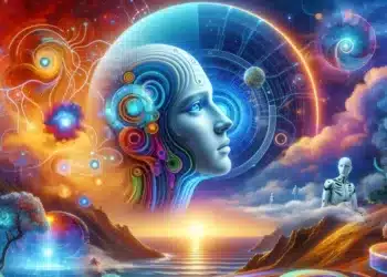 AI nu og årtier frem med kunstig intelligens - futuristisk billede som viser symbiosen mellem AI og mennesker i fremtiden.