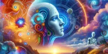 AI nu og årtier frem med kunstig intelligens - futuristisk billede som viser symbiosen mellem AI og mennesker i fremtiden.