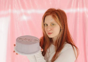 Generation Z eller Gen Z her en ung kvinde med en lyserød lagkage hvor Gen Z står skrevet på