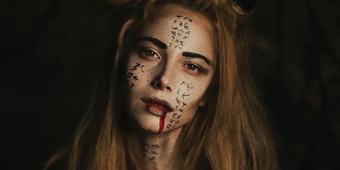 psykopat og psykopatisk ledelse kvinde har tegnet uhyggelige tegn i ansigtet og har blod ud af munden