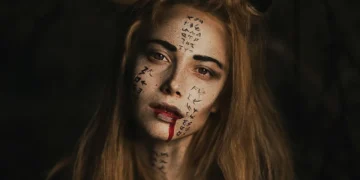 psykopat og psykopatisk ledelse kvinde har tegnet uhyggelige tegn i ansigtet og har blod ud af munden