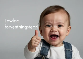 Lawlers forventningsteori skrevet med hvidt på grå baggrund - baby laver thumbs up til kameraet