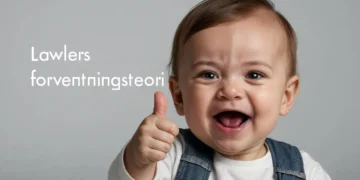 Lawlers forventningsteori skrevet med hvidt på grå baggrund - baby laver thumbs up til kameraet