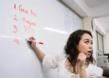 Kvinde står ved tavle og arbejder med kompleksitetsteori