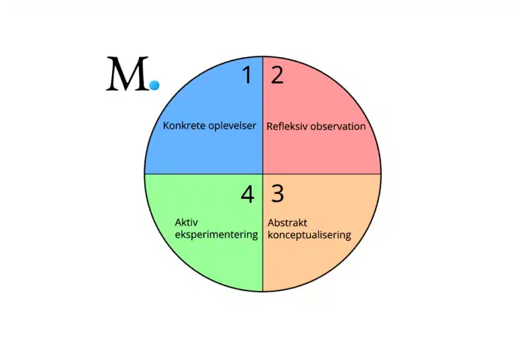 kolbs læringscirkel her forklaret med 4 inddelinger af en cirkel i 4 farver