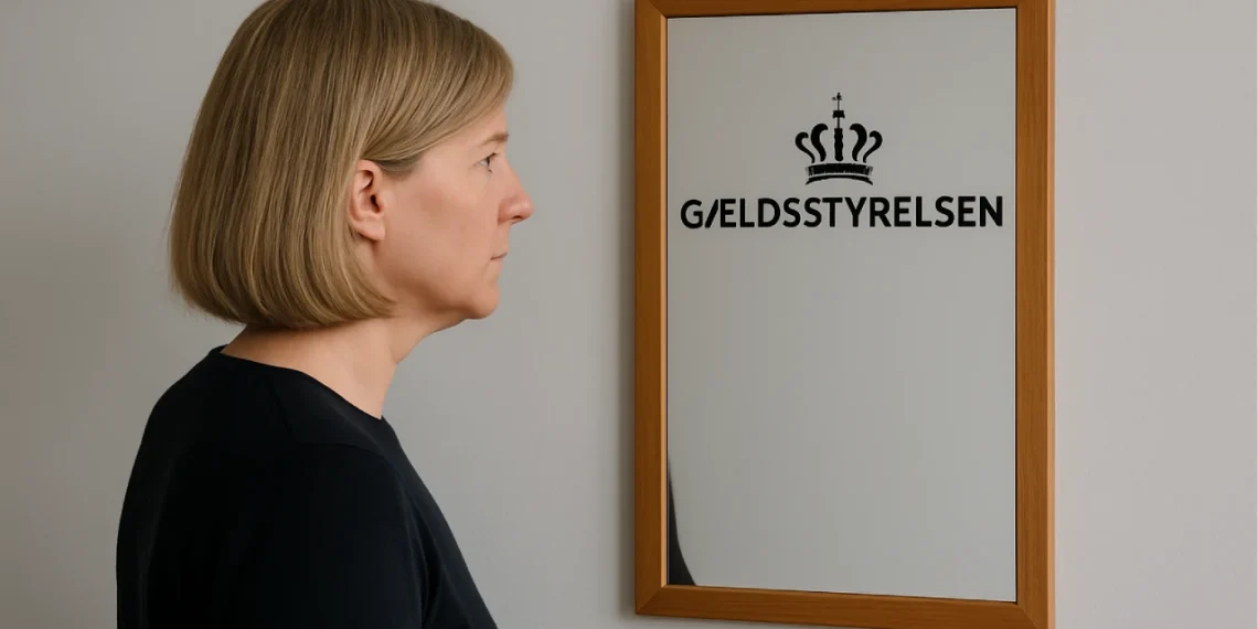 gældsstyrelsen inddrivelse - medarbejder hanne kigger ind i et spejl