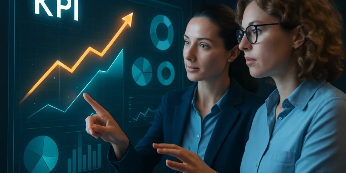 KPI'er - to koncentrerede kvinder ved en stor touchskærm