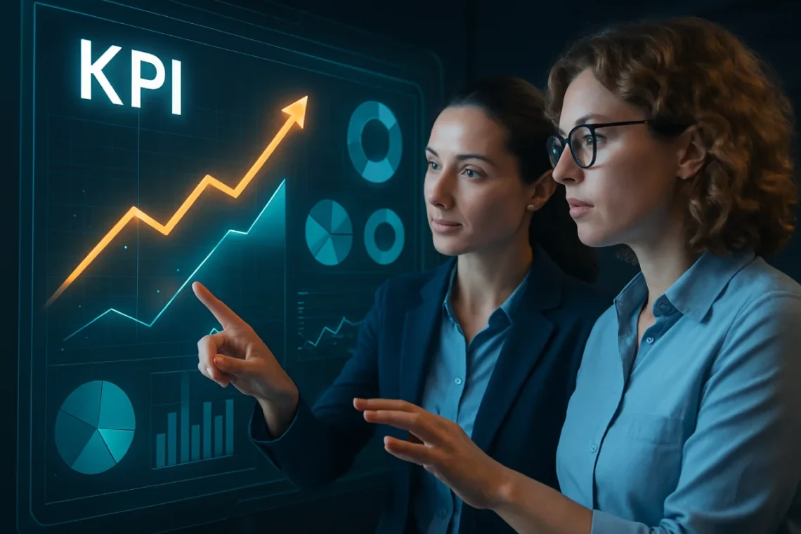 KPI'er - to koncentrerede kvinder ved en stor touchskærm