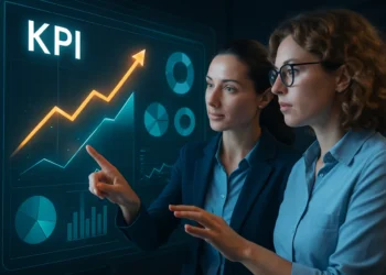 KPI'er - to koncentrerede kvinder ved en stor touchskærm