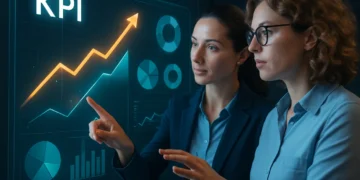 KPI'er - to koncentrerede kvinder ved en stor touchskærm