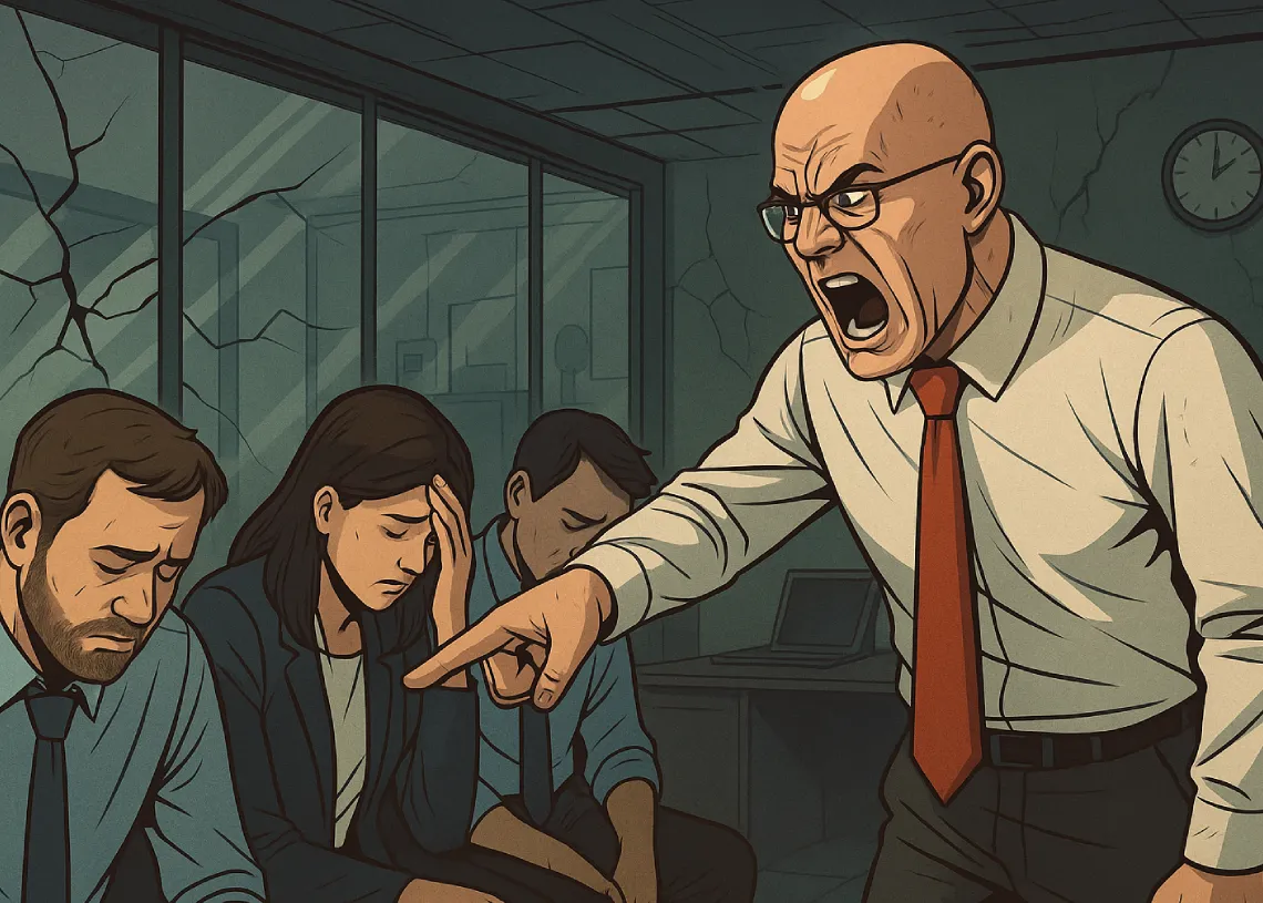 Destruktiv ledelse som tegneserie - chef skælder personale ud i omklædningsrummet