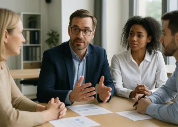 Dialogbaseret ledelse vist med 4 mennesker i dialog omkring et bord