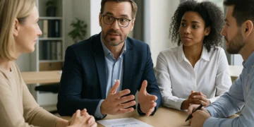 Dialogbaseret ledelse vist med 4 mennesker i dialog omkring et bord