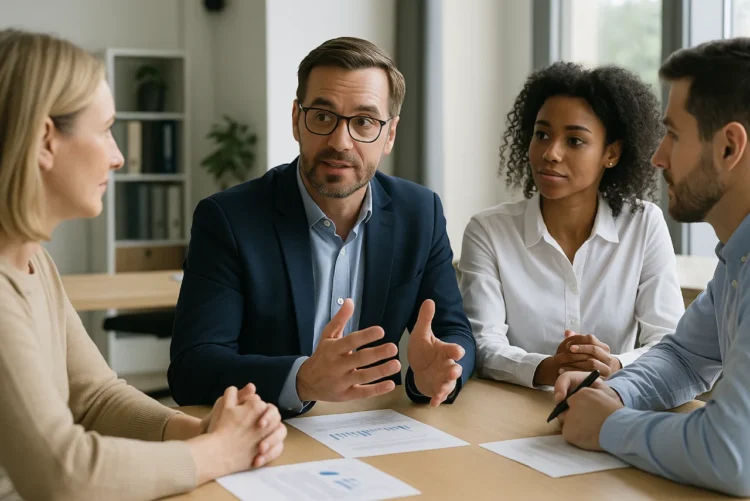 Dialogbaseret ledelse vist med 4 mennesker i dialog omkring et bord