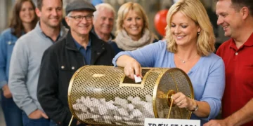 Lotteriledelse medarbejdere står i kø til at trække et lod