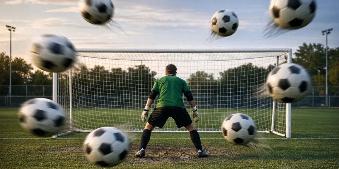 Økonomisk forvaltning der sejler - målmand med ryggen til målet og indkomne fodbolde