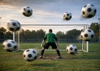 Økonomisk forvaltning der sejler - målmand med ryggen til målet og indkomne fodbolde