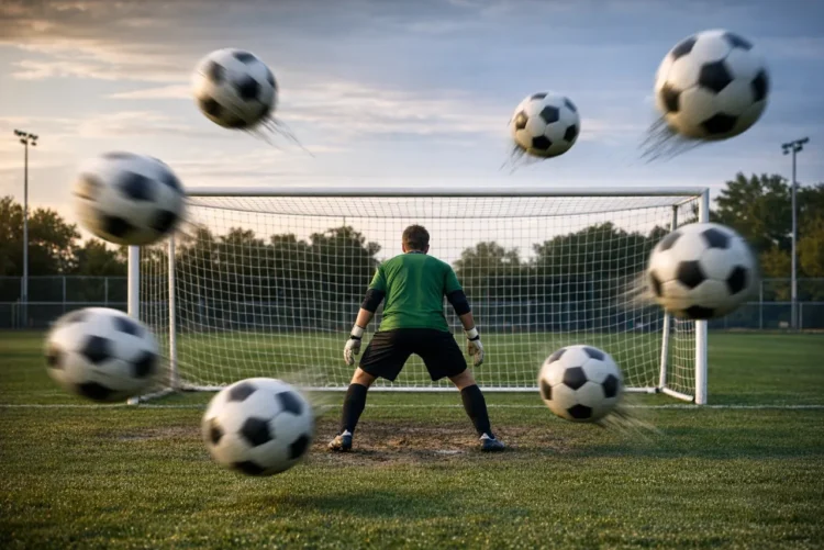 Økonomisk forvaltning der sejler - målmand med ryggen til målet og indkomne fodbolde