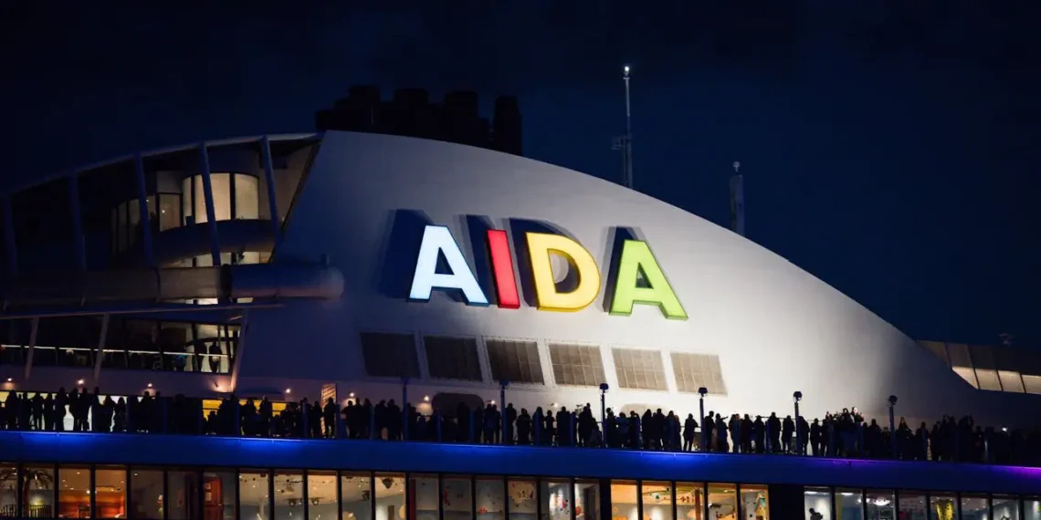 AIDA modellen - AIDA står skrevet på siden af oplyst bygning