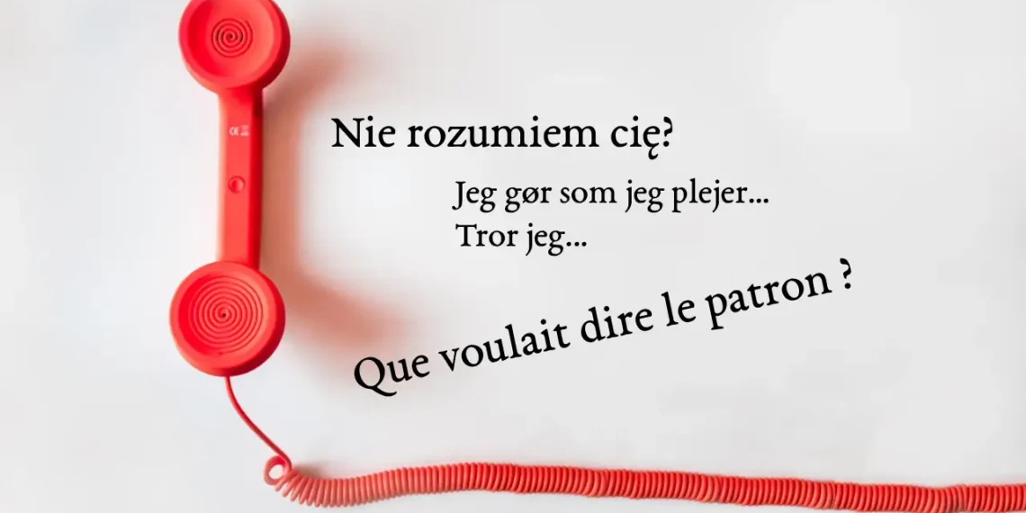 Kommunikation i ledelse - rød telefon og sætninger på fransk, polsk og dansk