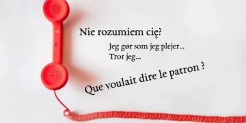 Kommunikation i ledelse - rød telefon og sætninger på fransk, polsk og dansk