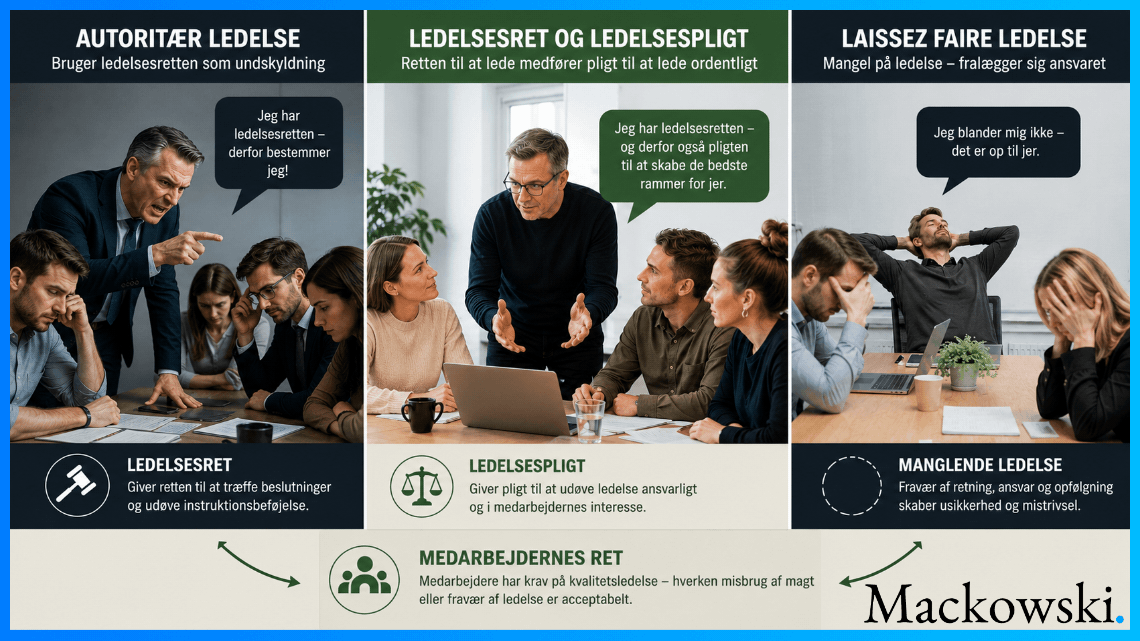 Ledelsesret vs ledelsespligt vs autoritær ledelse vs laissez faire ledelse infobillede