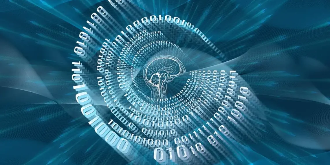 Systemisk ledelse den menneskelige hjerne omringet af 0 og 1 taller