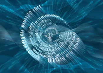 Systemisk ledelse den menneskelige hjerne omringet af 0 og 1 taller