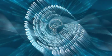 Systemisk ledelse den menneskelige hjerne omringet af 0 og 1 taller