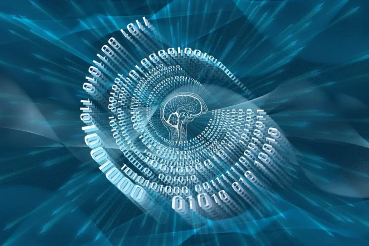 Systemisk ledelse den menneskelige hjerne omringet af 0 og 1 taller