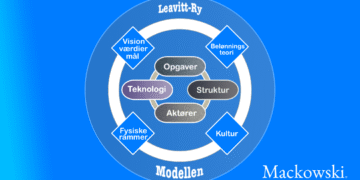 Infografik af Leavitt-Ry-modellen. Modellens indhold er uddybet i teksten nedenfor. Gemini-version.