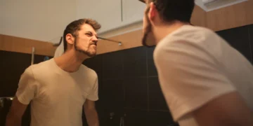 Mand kigger sig kritisk i et spejl som udtryk for refleksion