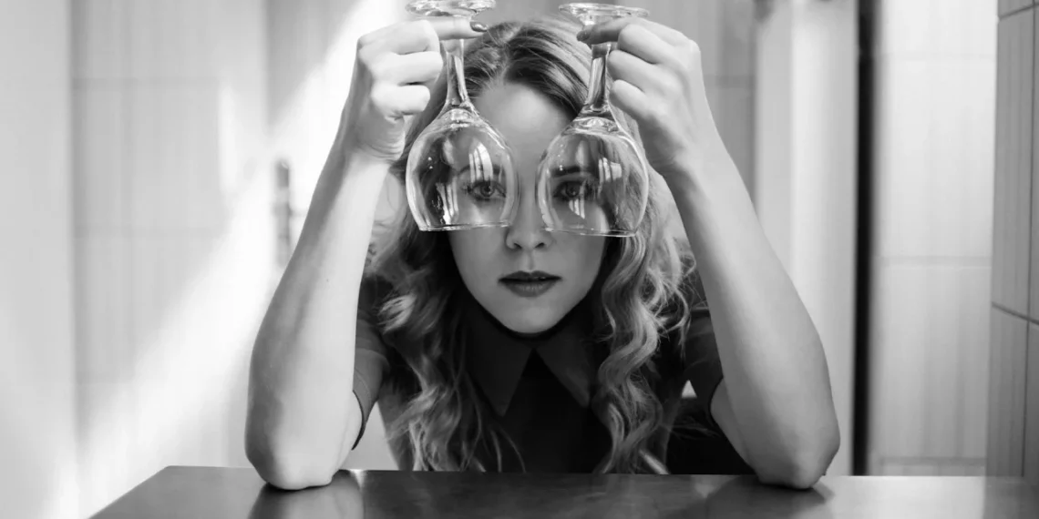 Pige kigger ud gennem 2 vinglas som metafor for narcissisme