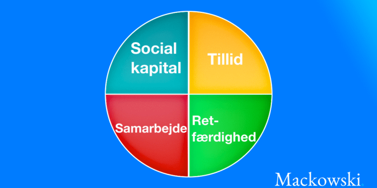 Social kapital er samarbejde - retfærdighed - tillid infografik på dansk
