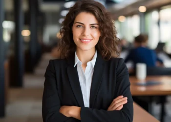 Transformationel ledelse - kvinde står med kortlagte arme og smiler til kameraet