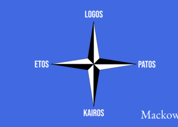 Det retoriske kompas med logos patos kairos etos infografik