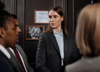 Kvindelig forhandler kigger intenst på sælger i forhandlingsteknik.