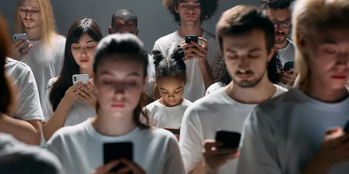 Mennesker i rækker ser i deres telefoner som det modsatte af empati